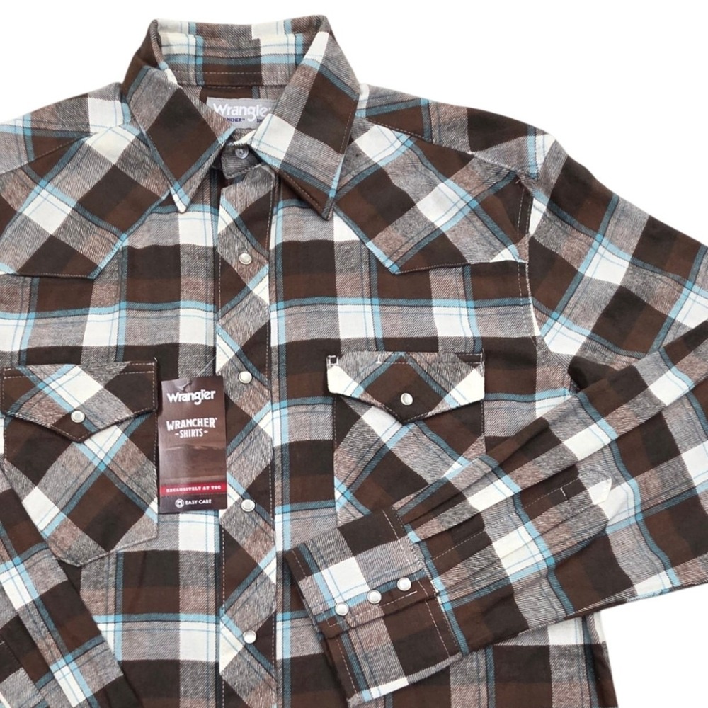 NWT Wrangler Wrancher Pearl Snap LS Flannel Shirt Brown Plaid Mens Medium